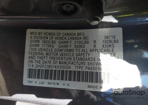 2019 Honda Civic Ex z USA, uszkodzony, nr VIN 2HGFC3B31KH355334